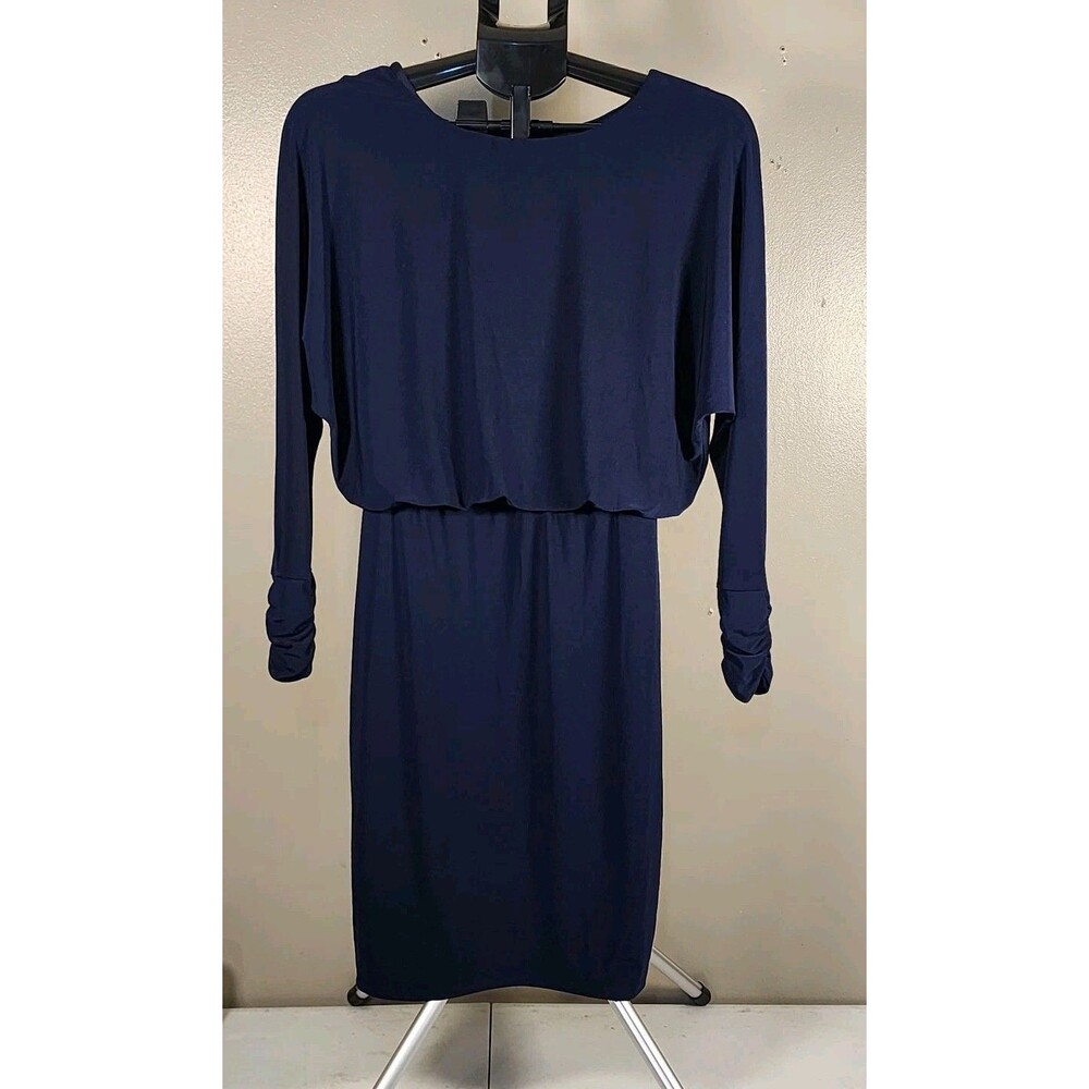 Navy Blue Blouson Midi Dress Long Dolman Sleeve Stretch Knit Elastic Waist Sz Sm